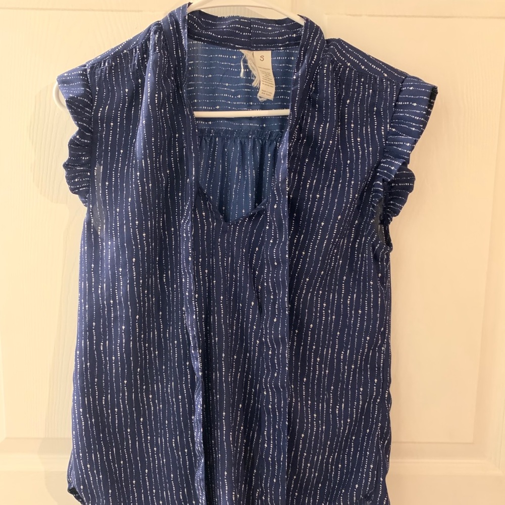 Navy Blue Blouse with White Dots